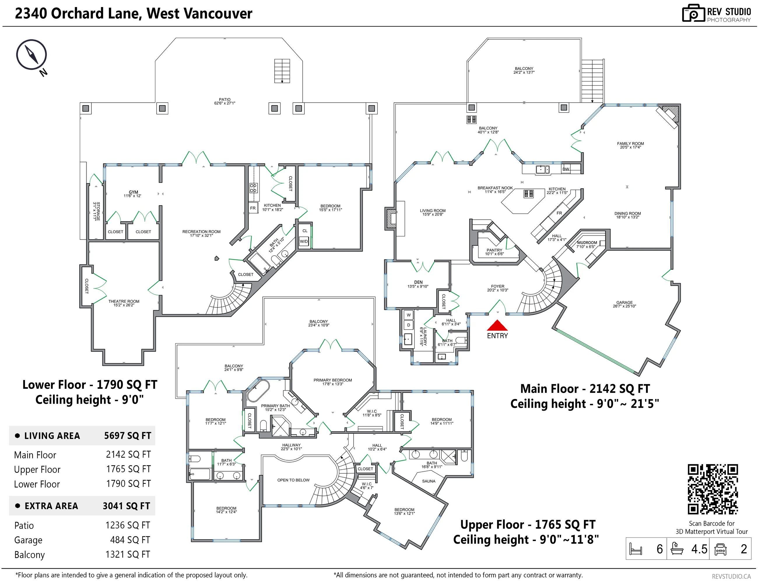 Measured floor plan of 2340 Orchard Lane over three levels, every room with its dimensions, plus the balconies, patio and garage